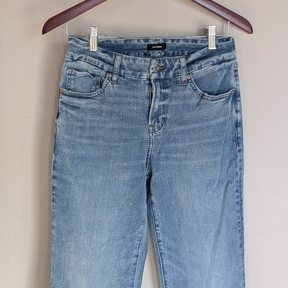 Express 70s flare Mid-Rise Flex Hyper Stretch Denim Jeans Medium Long 6/8/10 - Picture 2 of 11